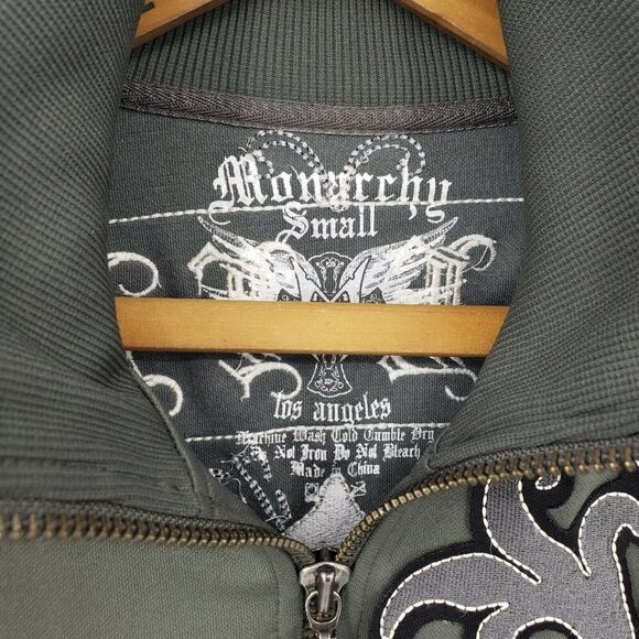 Monarchy Full Zip Sweatshirt Mens Small Army Green Olive Embroidered Live Fast - Picture 3 of 4